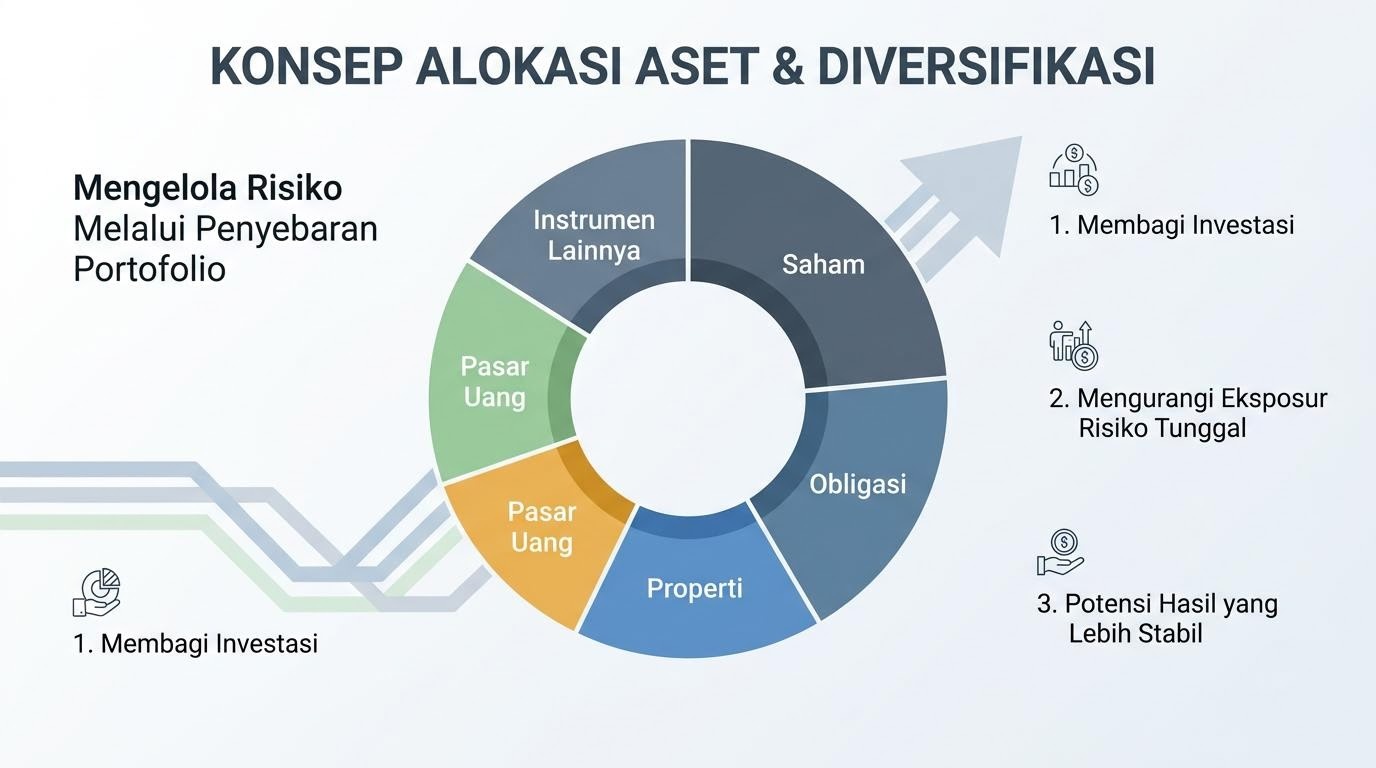 Diagram lingkaran terbagi beberapa bagian melambangkan alokasi aset dan diversifikasi portofolio
