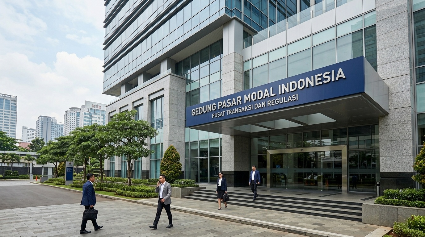 Gedung bursa modern dengan papan informasi melambangkan struktur dan pelaku pasar modal