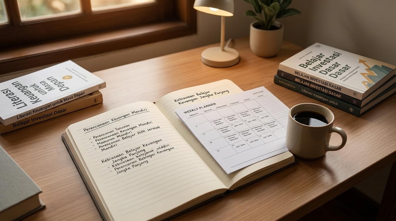 Buku catatan, kalender, dan secangkir kopi di meja kerja melambangkan kebiasaan belajar keuangan jangka panjang