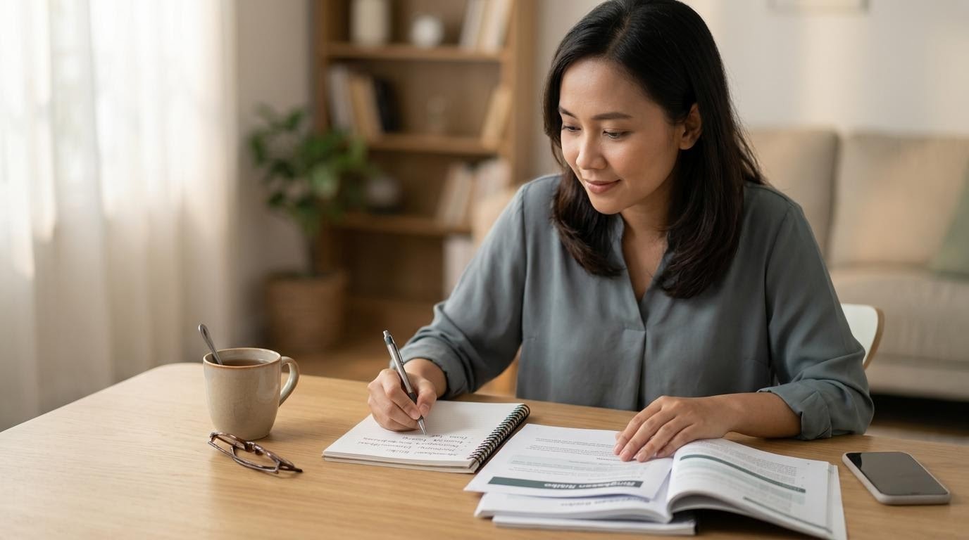 Seseorang membaca catatan keuangan dengan tenang di meja kerja, melambangkan proses memahami literasi risiko investasi